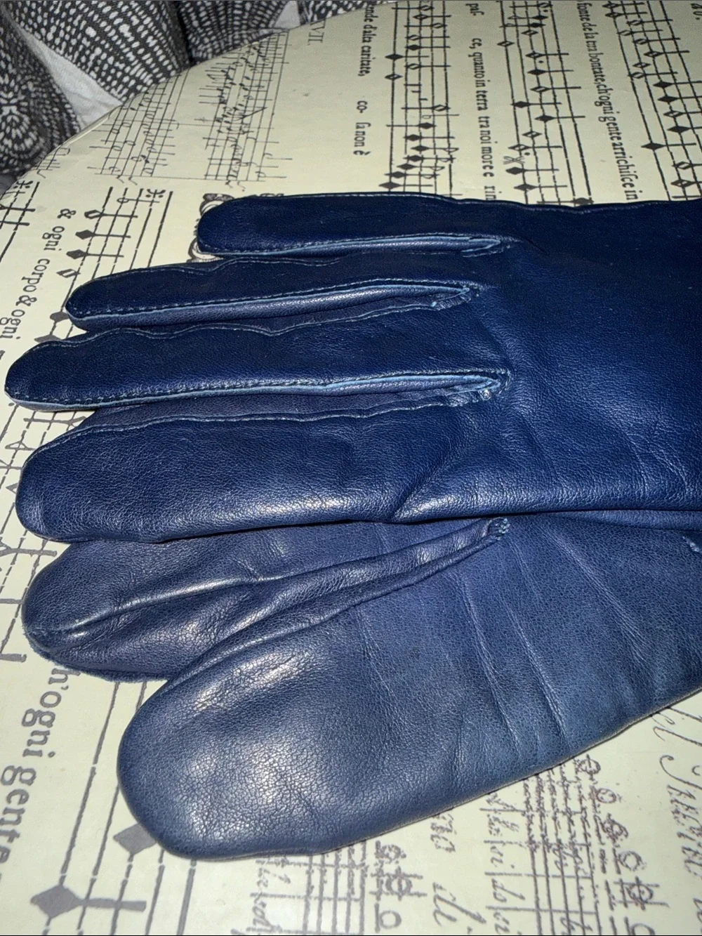 Vintage Navy Blue Leather Gloves Knit Lining Classic Winter Warm